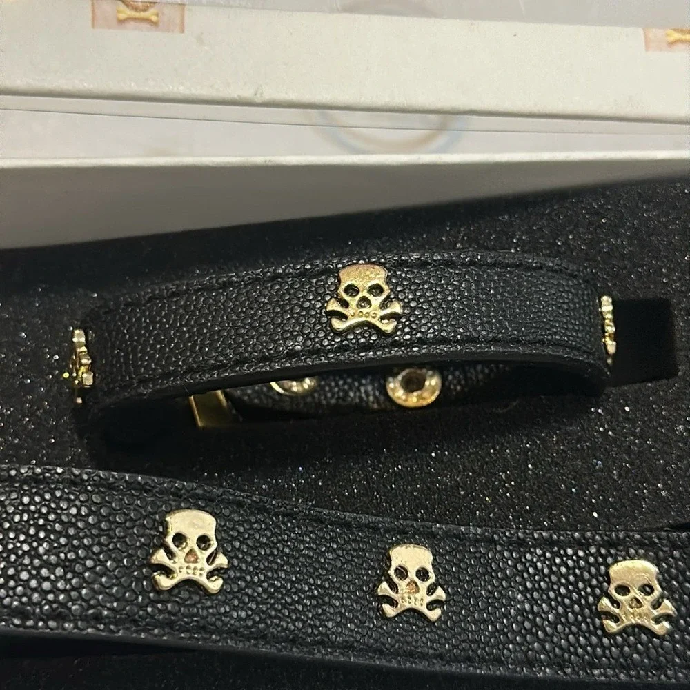 Erimish Dawg Marty Black Leather Skull Bracelet and Dog Collar Set Gold Hardware